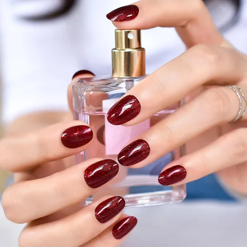 Elevenail - Uñas postizas de longitud media, punta vino rojo, uñas postizas de cobertura total, uñas postizas cortas, uñas falsas, uñas falsas Rojo