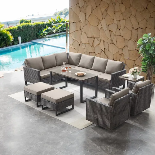 Miniatura 74 de HUMMUH Juego de 2 sillas giratorias para patio, mimbre de polietileno, para exteriores, bistró, porche, balcón, muebles con cojines Gris/gris