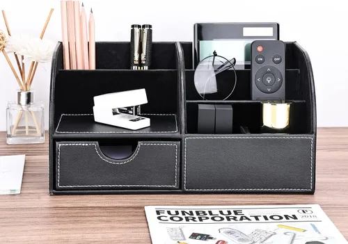 Miniatura 8 de Organizador de escritorio de polipiel con 7 compartimentos de almacenamiento para artículos de papelería, tarjetas de visita, lápices, bolígrafos