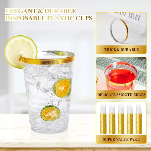 Miniatura 2 de Vplus Paquete de 150 vasos de plástico transparente reutilizables con borde dorado de 12 onzas, vasos desechables de plástico resistentes, perfectos