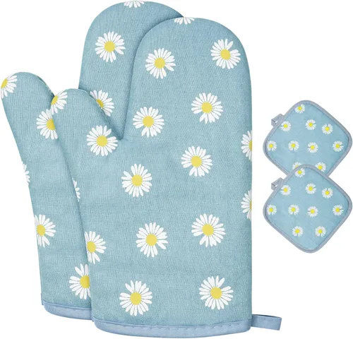 Miniatura 16 de AUAUY Guantes de horno y soportes para ollas Juego de 6 piezas, guantes de cocina resistentes a 392°F y almohadillas térmicas, guantes para hornear