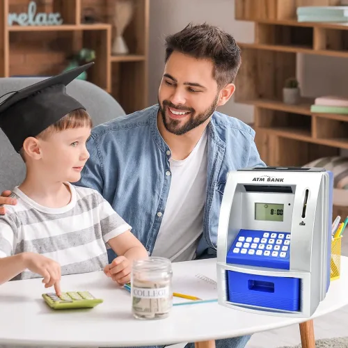 Miniatura 5 de Caja de ahorros de cajero automático para dinero real, alcancía electrónica para enseñar ahorros, juguete clásico de conteo, banco de dinero