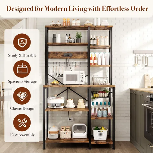 Miniatura 12 de GRUSIGN Estante para hornear de cocina con almacenamiento, estación de barra de café de 6 niveles con toma de corriente, soporte para microondas