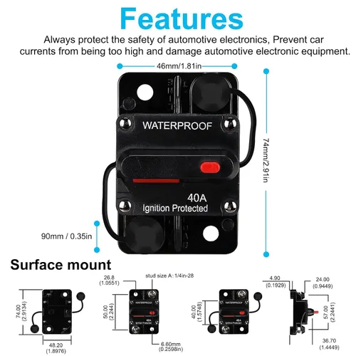Miniatura 3 de Disyuntor impermeable de 40 amperios, portafusibles, disyuntor de audio, con reinicio manual, 12V-48V CC, 30A-300A, para sistema de audio de barco