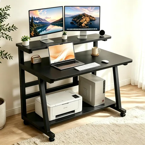 Miniatura 2 de Escritorio compacto de 31.5 pulgadas para computadora con mesa de trabajo de niveles y ruedas con bloqueo, escritorio pequeño para dormitorio