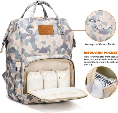 Miniatura 2 de LIMHOO Mochila para pañales para hombres y papá, bolsa de pañales de lona grande impermeable de camuflaje, bolsa para el cuidado del bebé