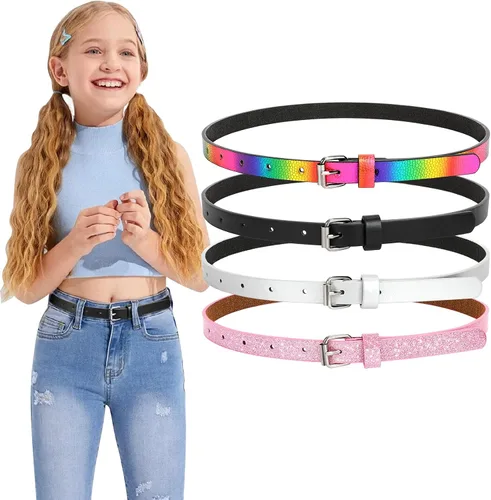 WERFORU Cinturón ajustado de piel sintética para niñas, niños, adolescentes y niños, cinturón de cintura delgado y brillante con purpurina para