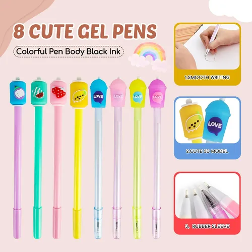 Miniatura 4 de Juego de papelería de té de burbujas, 61 piezas de suministros escolares Kawaii y estuche Boba para niñas, con 8 bolígrafos, 50 calcomanías, bolsa
