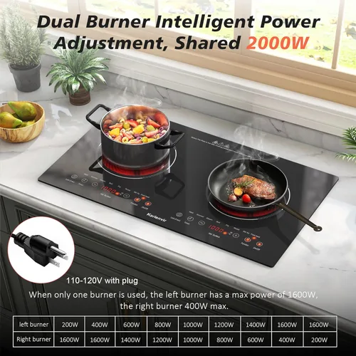 Miniatura 3 de Estufa eléctrica de 2 quemadores de 110 V, 2000 W, encimera eléctrica empotrada e incorporada, cocina eléctrica enchufable de 24 pulgadas, 8 niveles
