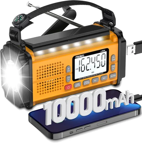 Miniatura 7 de PRUNUS J-924 10000mAh/37000mWh Radio de emergencia con manivela, pilas AAA, radio de emergencia solar, radio meteorológica NOAA AM/FM/SW, carga USB