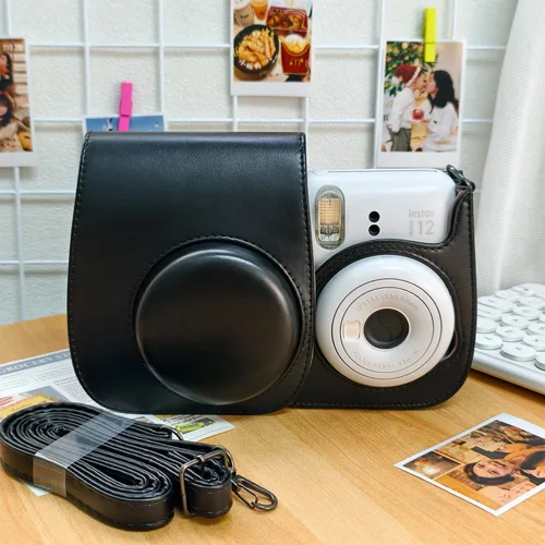 Miniatura 3 de Funda de piel sintética compatible con cámara instantánea Fujifilm Instax Mini 11 12 con correa ajustable y bolsillo (negro)