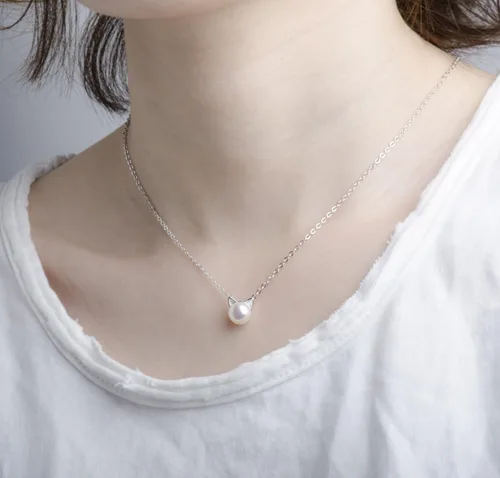 Miniatura 2 de S.Leaf Sterling Silver Cat Necklace Freshwater Cultured Pearl Cat Collarbone Charm Necklace