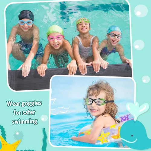 Miniatura 6 de Paquete de 6 gafas de natación antivaho con marco de silicona suave sin fugas, gafas de natación anti UV con 6 clips para la nariz, 6 tapones