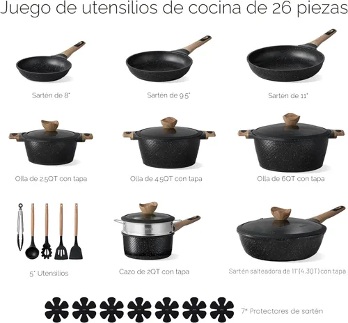 Miniatura 2 de CAROTE Juego de 26 ollas y sartenes antiadherentes, juego de utensilios de cocina, ollas y sartenes de inducción, cocina antiadherente, sin PFOA