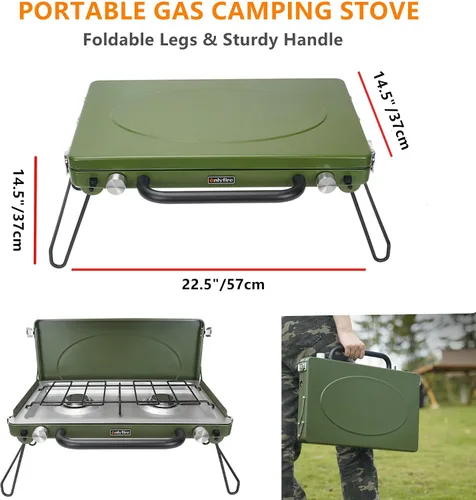 Miniatura 2 de Estufa de gas portátil para campamento de 2 quemadores, estufa de propano con patas plegables, pestillo y asa de alta resistencia para patio, Verde