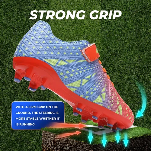 Miniatura 4 de ASHION Botines de fútbol unisex para niños y niñas, para césped firme, sin atar, zapatos de fútbol duraderos