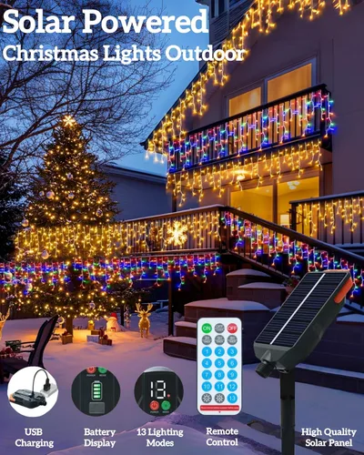 Miniatura 3 de Luces solares de Navidad para exteriores, 640 LED, 16 pies + 60 pies, luces solares de carámbano que cambian de color, impermeables, con 13 modos