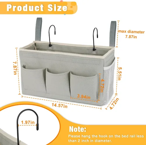 Miniatura 3 de Lilithye Organizador de almacenamiento de cabecera con correas fijas y soporte para botella de agua para el hogar, universidad, dormitorio, Gris