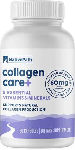 NativePath Collagen Care+, mezcla de 5 vitaminas con ácido hialurónico y boro que apoya el colágeno para hombres y mujeres, 60 cápsulas
