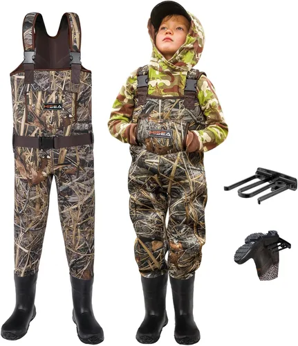 Hisea - Pantalones de neopreno para pesca de niños pequeños y niños, para caza de patos y patos, para niños con botas Next Camo EVO(S) - marrón