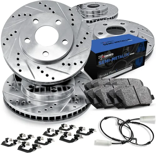 R1 Concepts Kit de freno delantero y trasero para Audi Q7 2007-2015; Porsche Cayenna 2003-2006| Almohadillas semi Met, rotores ranurados perforados,