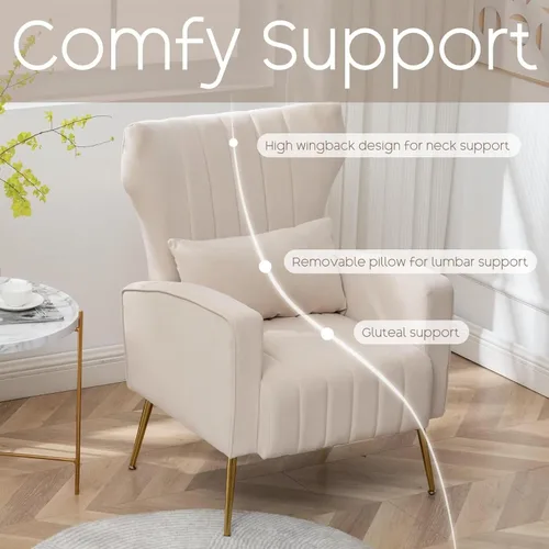 Miniatura 3 de Juego de 2 sillas decorativas de terciopelo, sillón con respaldo alado para sala de estar, silla de lectura con respaldo alto con patas doradas