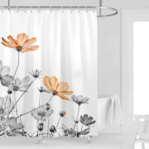 Miniatura 10 de Cortina de ducha de 72" x 72" con flores grises y rosas, gris y blanco, flores silvestres, margaritas, plantas, pintura de tinta, botánica