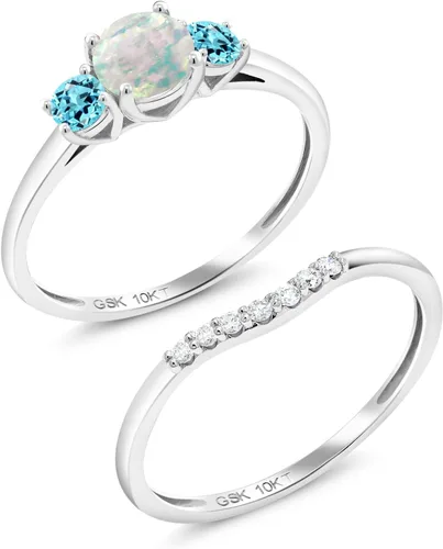 Miniatura 2 de Juego de anillos de compromiso de 3 piedras de oro blanco de 10 quilates con ópalo de imitación y topacio azul suizo y diamante cultivado