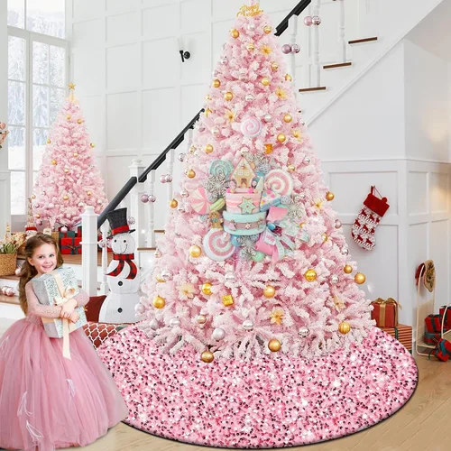 Miniatura 9 de yuboo Falda de árbol de Navidad de lentejuelas rosas de 48 pulgadas, falda de árbol de Navidad con purpurina rosa rubor para una amplia gama
