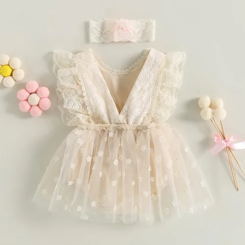 Miniatura 6 de Ropa de bebé niña de verano de encaje mameluco mameluco mameluco manga con volantes sin espalda body traje de una pieza
