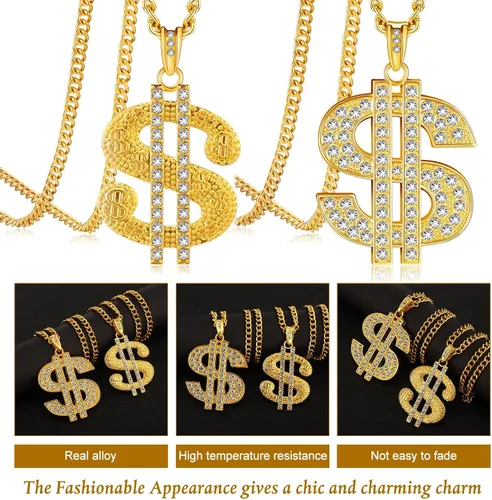 Miniatura 3 de Tatuo 2 piezas de cadena chapada para hombre con colgante de signo de dólar, collar de dólar hip hop
