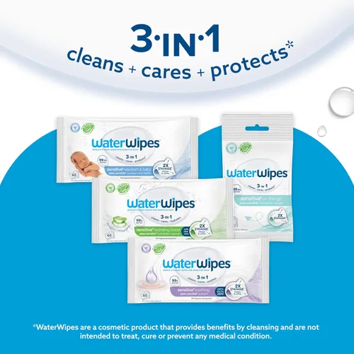 Miniatura 7 de WaterWipes Sensitive+ On The Go Wipes, 3 en 1 limpia, cuida, protege, 99.9% de agua, toallitas húmedas hipoalergénicas y sin perfume, 28