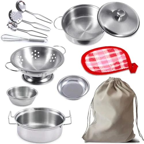 Miniatura 7 de Utensilios de cocina en miniatura, juguetes de cocina de juego de simulación, juego de cocina de acero inoxidable, juguetes de juego Montessori