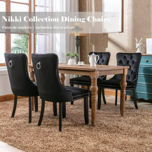 Miniatura 3 de Shenyon Juego de 4 Sillas de Comedor de Terciopelo Negro, Sillas de Comedor Tapizadas con Tirador de Anillo Trasero y Patas de Madera Maciza, Sillas