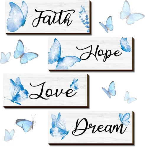 Gerrii 4 piezas de decoración de pared de fe, esperanza, amor, sueño, elegante, primavera, mariposa, madera, decoración para colgar en la Azul