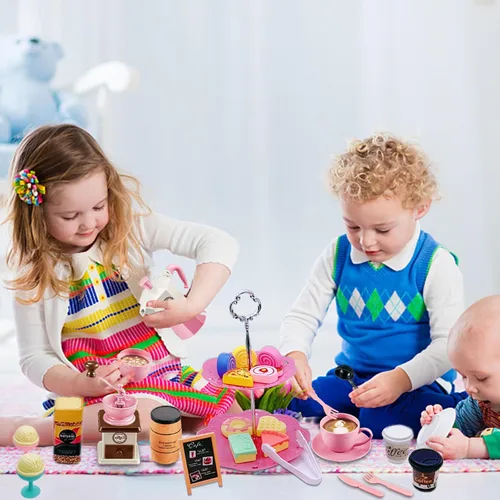 Miniatura 5 de Juego de simulación de fiesta de té para niñas pequeñas, juego de 48 piezas de cafetera y juego de comida de postres para niños de 3, 4, 5, 6, 7, 8