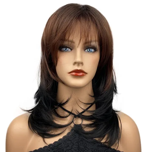 Miniatura 7 de Wiginway Peluca corta con flequillo oblicuo natural Yaki recta sintética para mujer, pelucas de color castaño oscuro, fibra natural resistente al