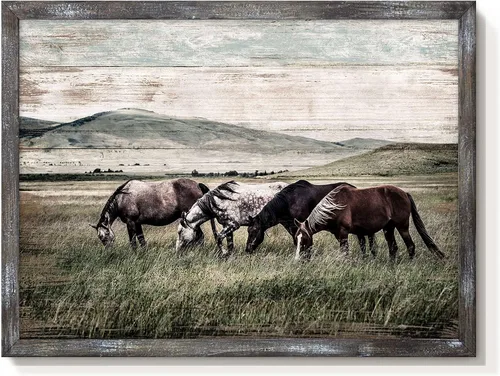 cozy country Arte de Pared Enmarcado de Caballos: Cuadro de Madera de Granja Occidental de Tamaño Pequeño, Pintura Rústica Vintage de Animales