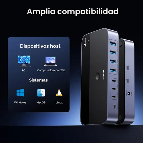 Miniatura 8 de UGREEN Interruptor USB 3.2 de 2 entradas y 7 salidas, interruptor de 10 Gbps para computadoras A o C compartiendo todos los dispositivos (4 A+3 C)