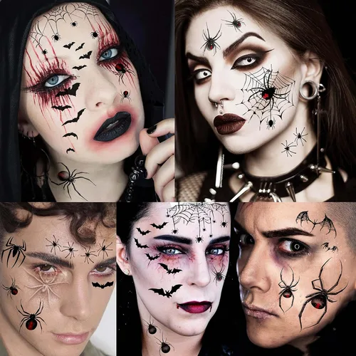 Miniatura 5 de VANTATY 9 hojas de calcomanías de tatuaje de telaraña de Halloween, manga temporal de tatuaje de murciélago medio brazo para mujeres, hombres, Negro