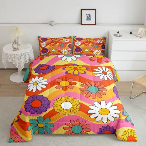 Miniatura 35 de Lindo juego de edredón de flores para niños y mujeres. Juego de ropa de cama de flores coloridas de dibujos animados, tamaño individual, bonito