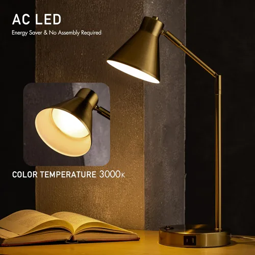 Miniatura 4 de O'Bright Astrum - Lámpara de escritorio LED con puertos de carga USB duales, 100% metálica, brazos giratorios de 270 grados, luz blanca suave Latón