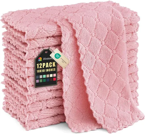 Homaxy - Paquete de 12 trapos de cocina (10 x 10 pulgadas, rosado), de terciopelo coral, supersuaves y absorbentes, de secado rápido, paño de
