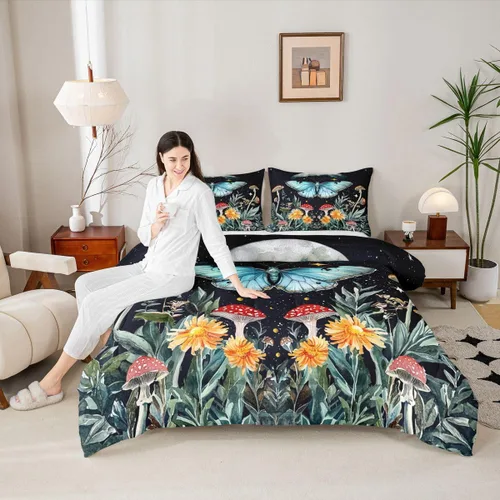 Miniatura 2 de Erosebridal Juego de edredón de mariposa azul para niñas y mujeres, juego de ropa de cama de fase lunar, tamaño matrimonial, lindo edredón acolchado