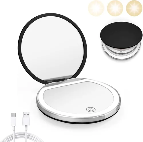Kakuje Espejo compacto con luz, espejo de bolsillo LED de aumento 1X/3X con cable de datos USB, mini espejo para bolso, bolsillo, viaje y regalo