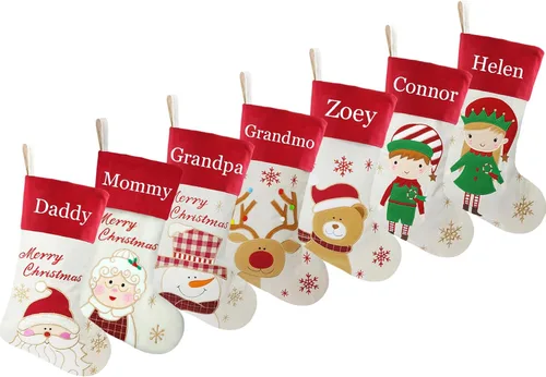Miniatura 9 de Juego de 3, medias de Navidad personalizadas de 18 pulgadas con tecnología de bordado, diseños de Papá Noel, muñeco de nieve y renos para decoración