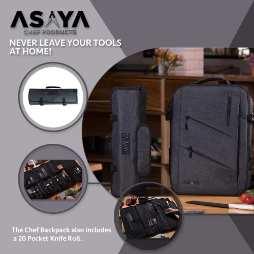 Miniatura 16 de Asaya Mochila para cuchillos de chef con bolsa enrollable de 20 bolsillos, más de 30 bolsillos para cuchillos, cuchillos no incluidos (marrón)
