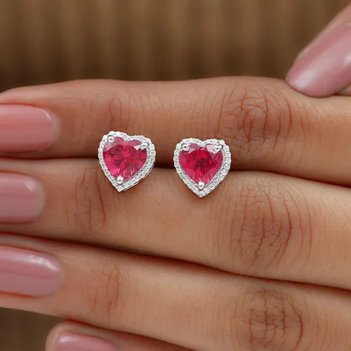 Miniatura 5 de 3.5 CT Lab Created Ruby and Moissanite Earrings, Created Ruby Stud Earrings with Moissanite Halo, Created Ruby Heart Stud Earrings, 14K Solid Gold