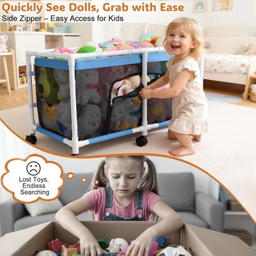 Miniatura 3 de FIOBEE Caja de juguetes para niñas y niños con malla transparente y ruedas giratorias de 360°, cofre organizador de juguetes, fácil instalación