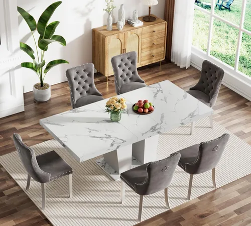 Miniatura 120 de Juego de mesa de comedor extensible marrón de 63 a 78.74 pulgadas para 4, juego de mesa de comedor de 5 piezas con 4 sillas, mesa de cocina